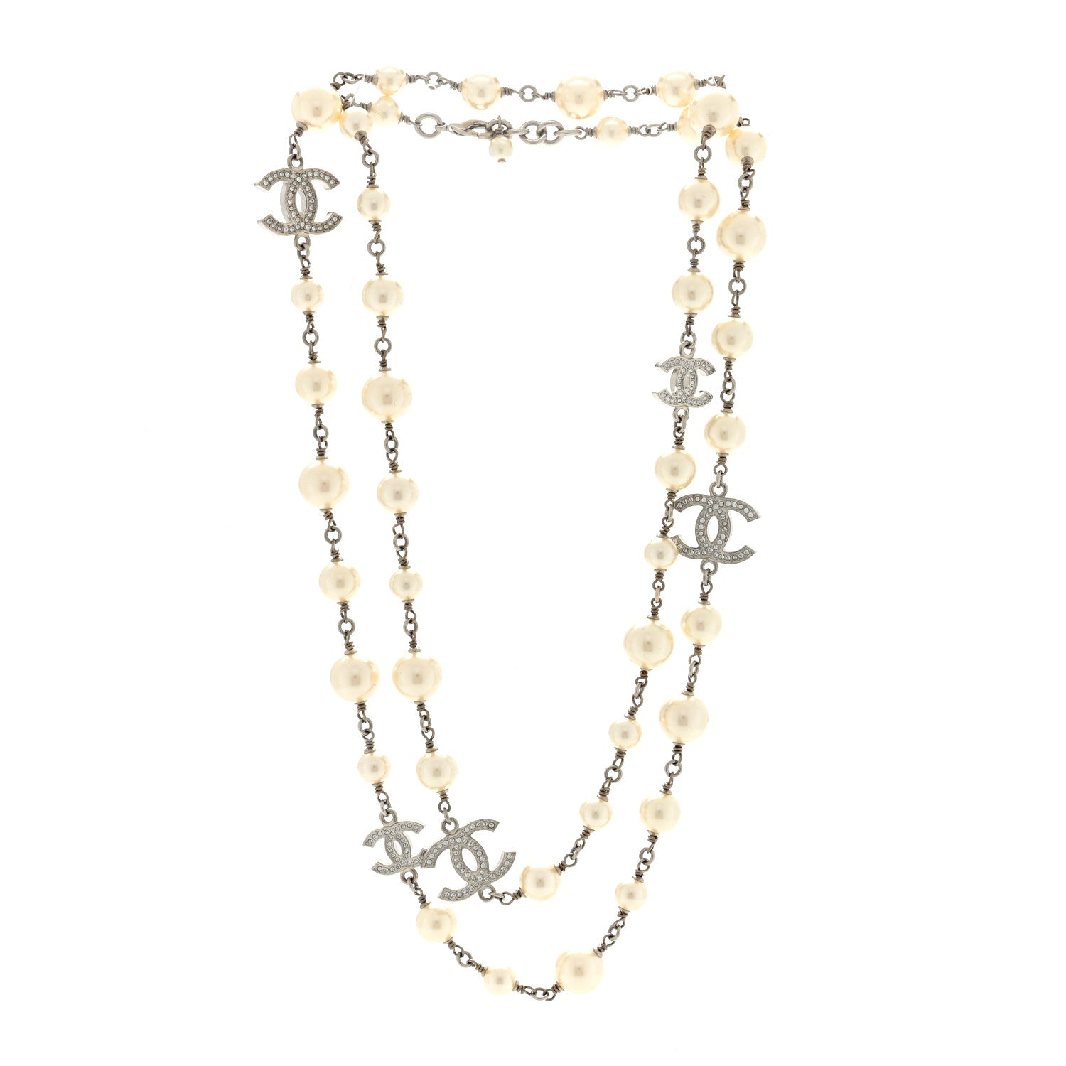 Chanel Graduated Pearl Crystal CC Long Necklace Silver 2 of 4