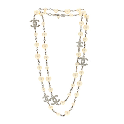 Chanel Graduated Pearl Crystal CC Long Necklace Silver 2 of 4