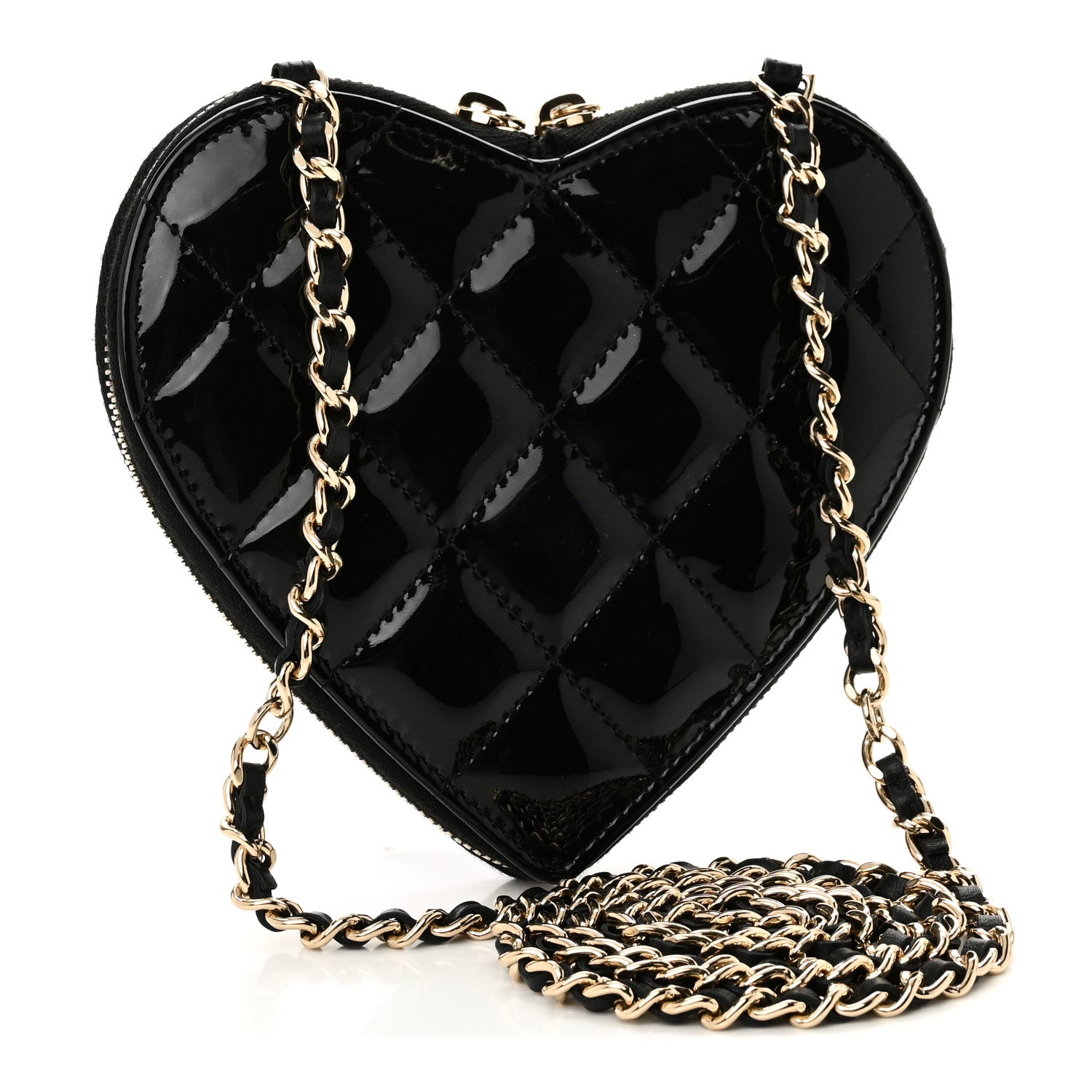 Chanel Patent Calfskin Resin Quilted CC Heart Clutch With Chain Black 5 of 17