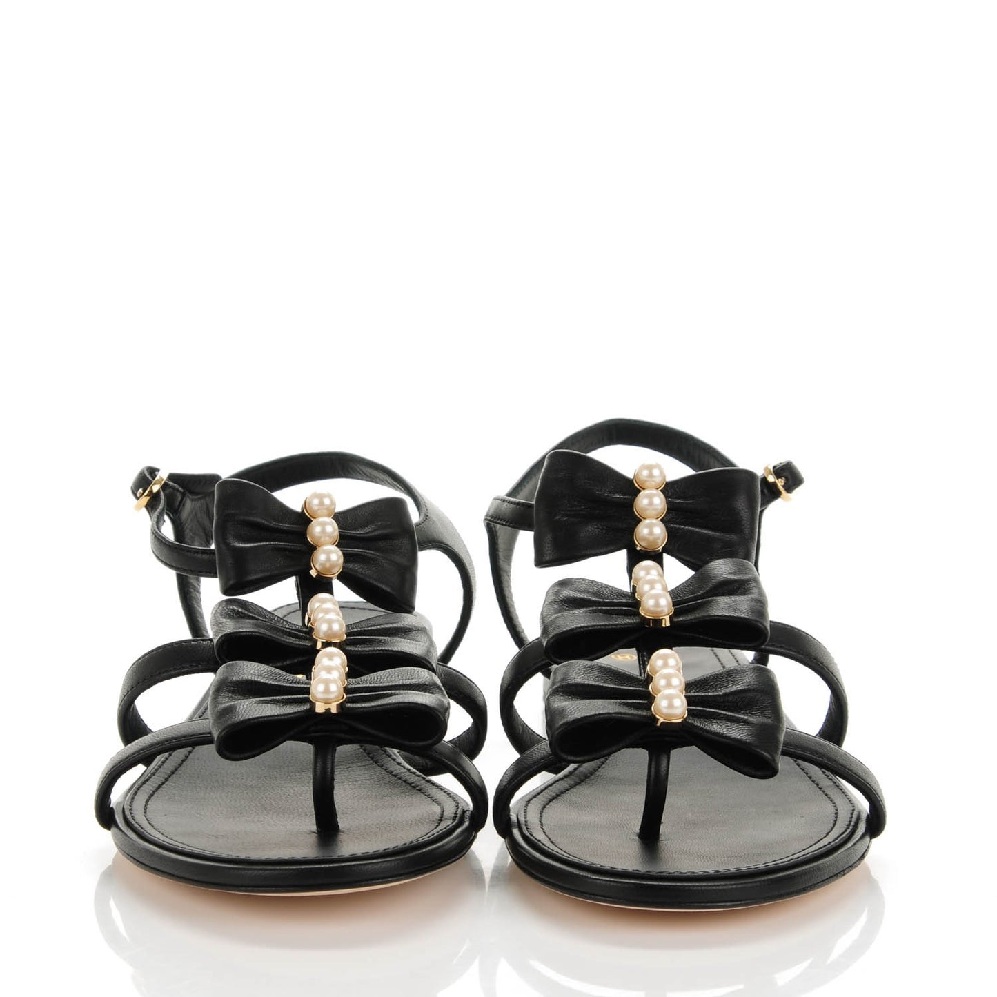 Lambskin Pearl Bow Sandals 37.5 Black