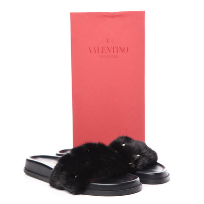 Valentino Garavani Mink Fur Rockstud Slide Sandals 38 Black 10 of 10