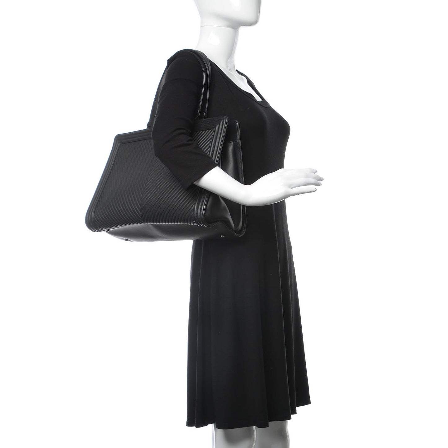 Calfskin Chevron Quilted Boy Shopping Tote Black