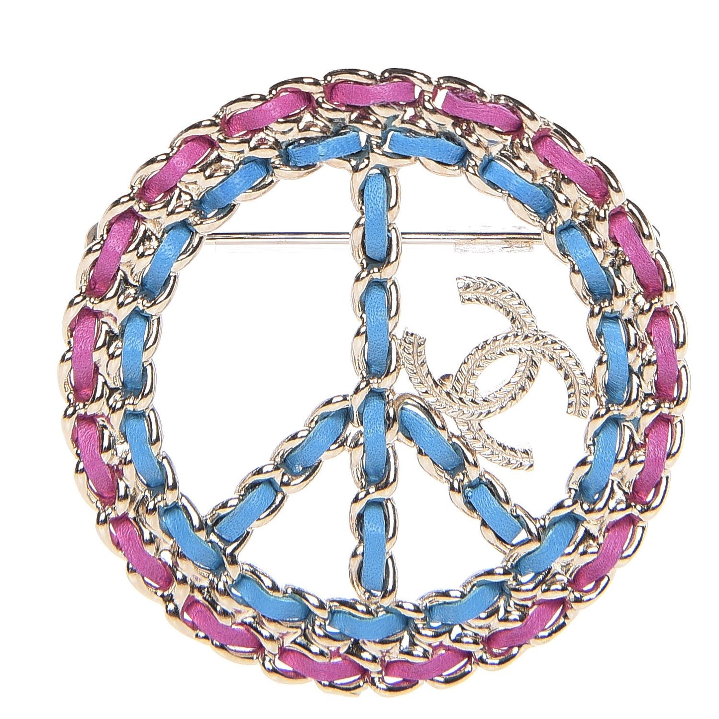 Metal Calfskin Braided Peace Sign CC Brooch Blue Purple Gold