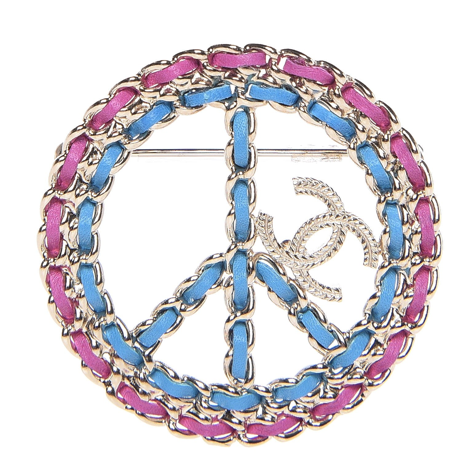 Chanel Metal Calfskin Braided Peace Sign CC Brooch Blue Purple Gold 1 of 5