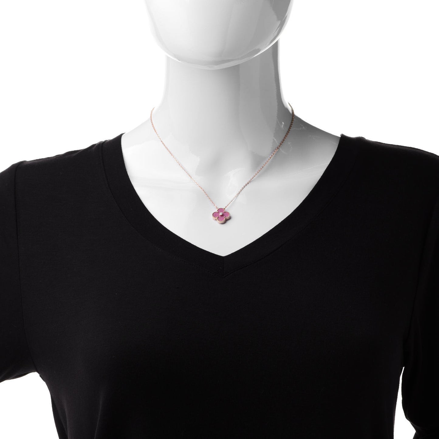 18K Rose Gold Diamond Rhodonite Vintage Alhambra Pendant Necklace