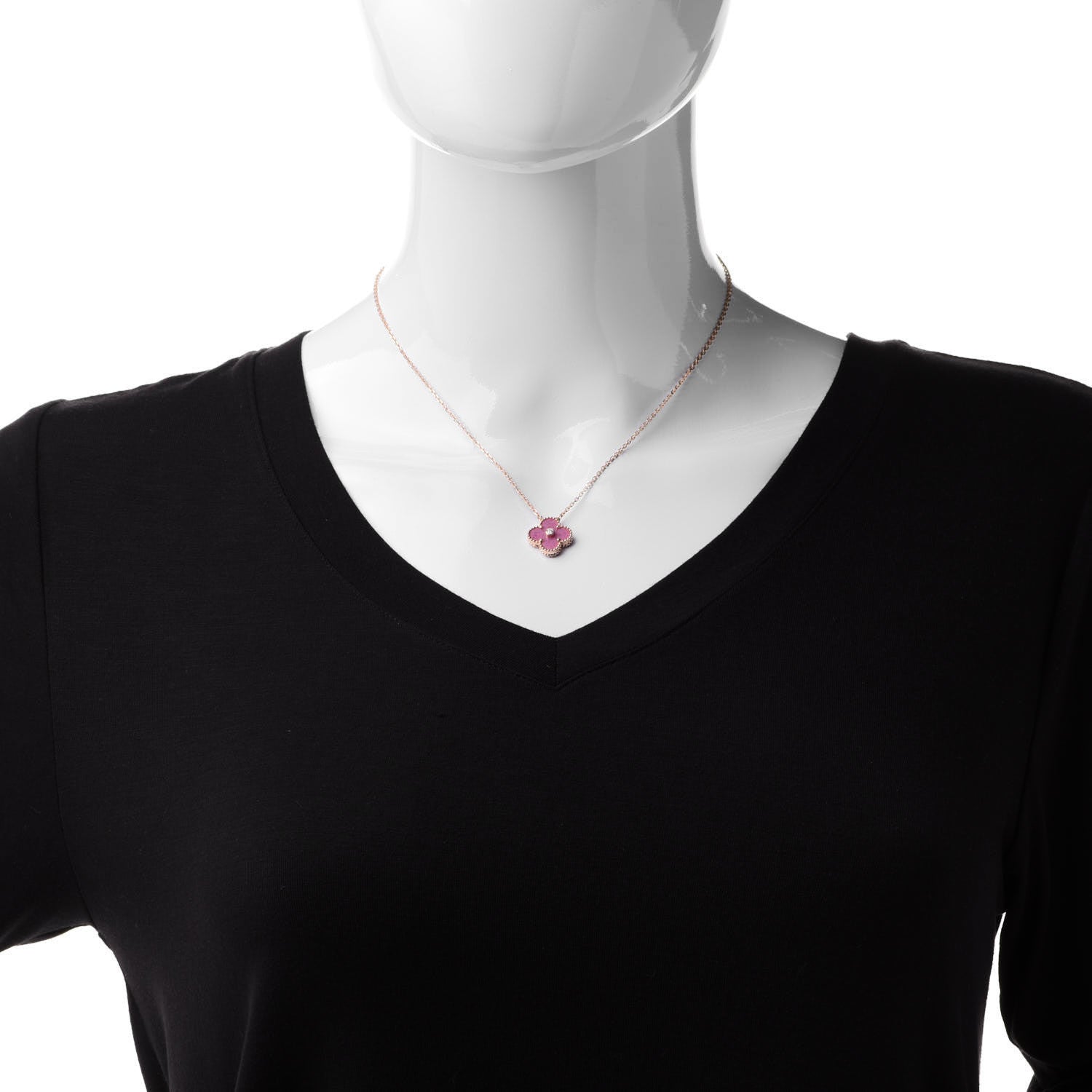 Van Cleef & Arpels 18K Rose Gold Diamond Rhodonite Vintage Alhambra Pendant Necklace 2 of 8