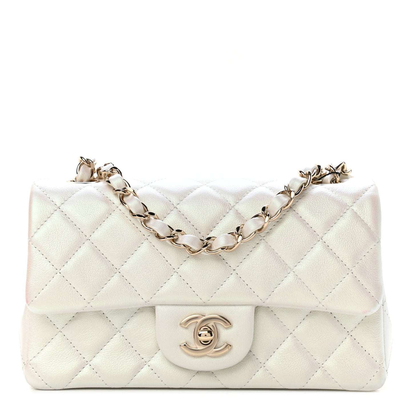 Iridescent Calfskin Quilted Mini Rectangular Flap White