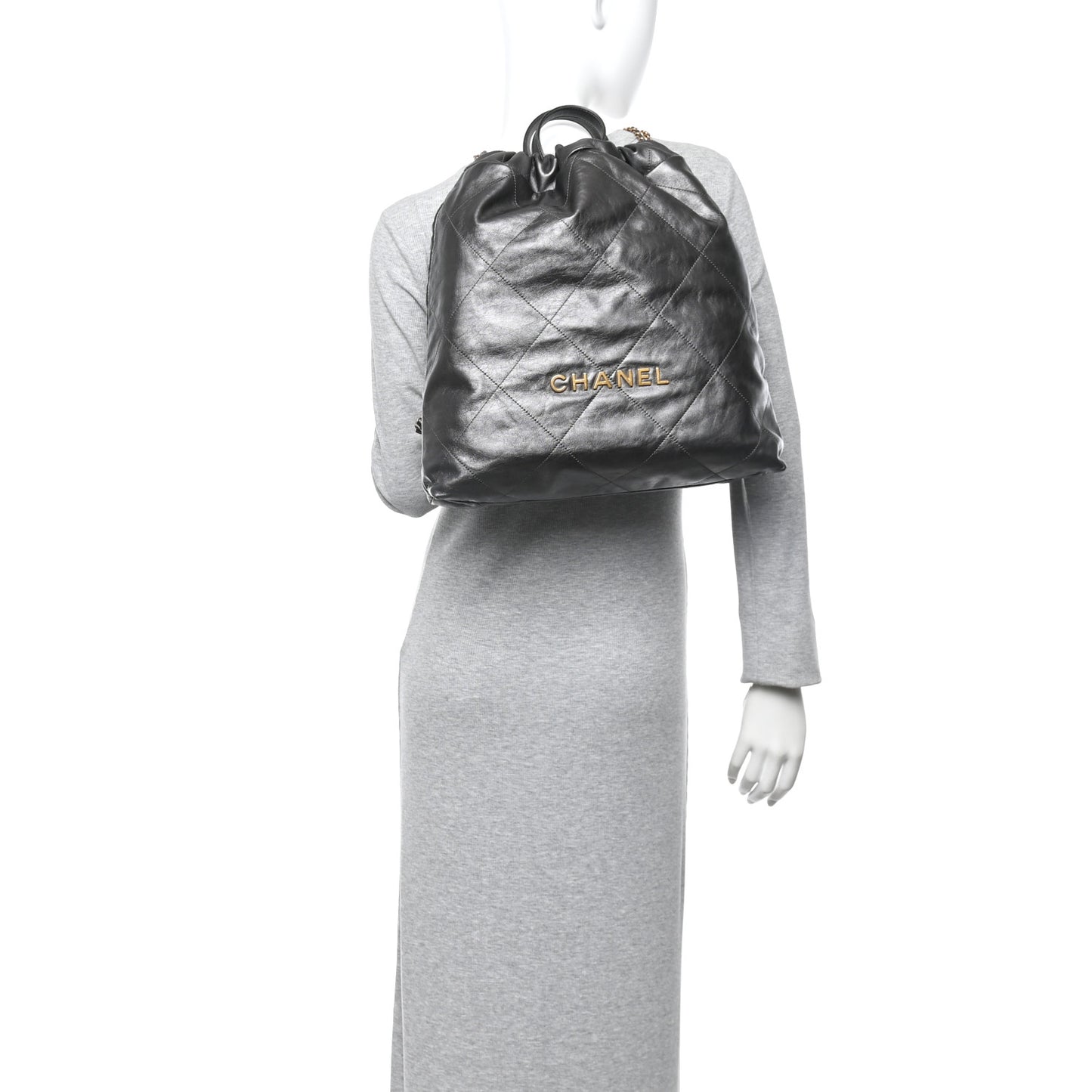 Shiny Calfskin Quilted Chanel 22 Backpack Grey