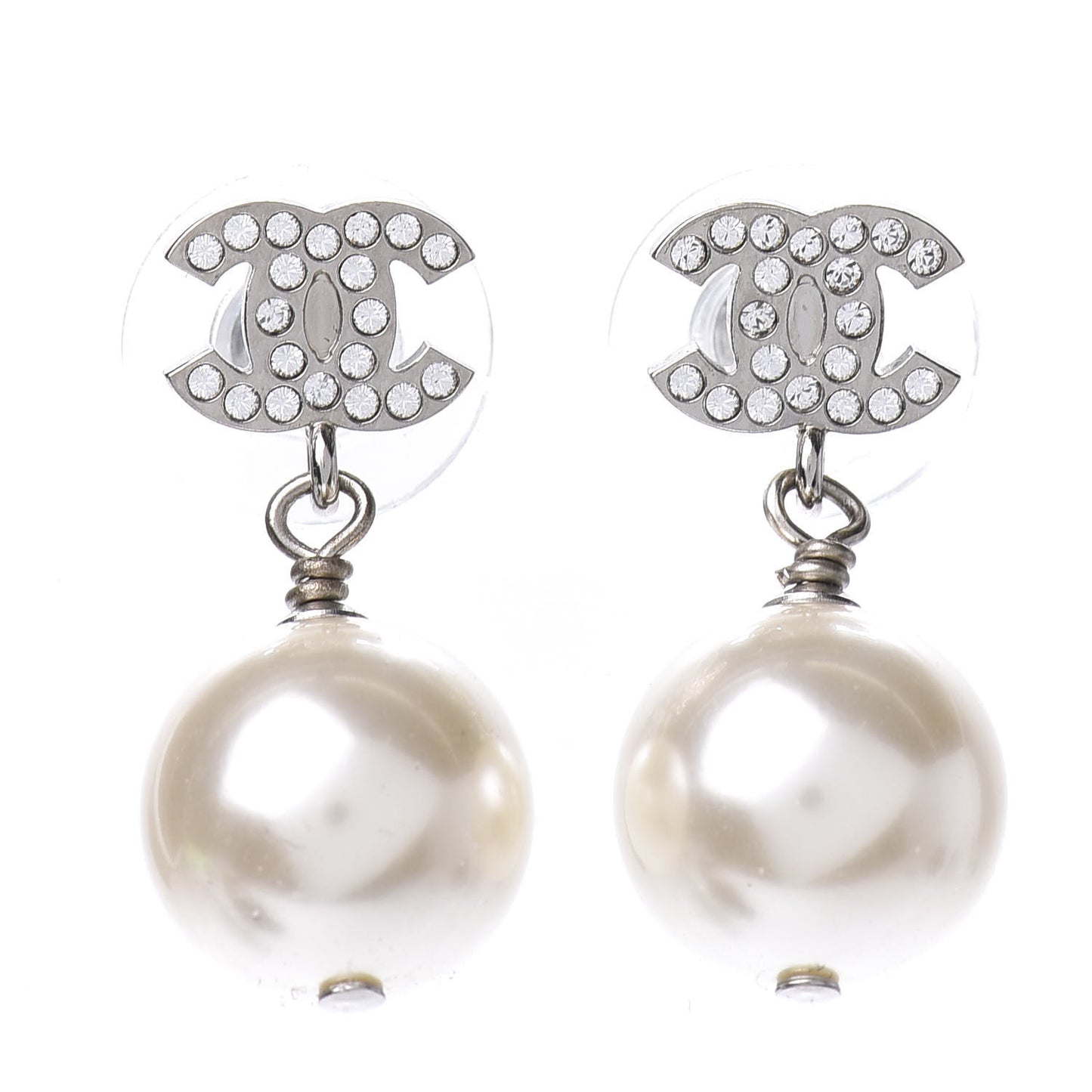 Crystal Pearl CC Drop Earrings Silver