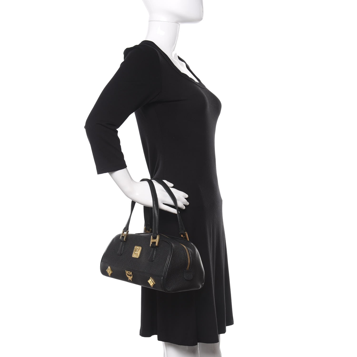 MCM Grained Calfskin Studded Small Heritage Boston Bag Black 2 of 9
