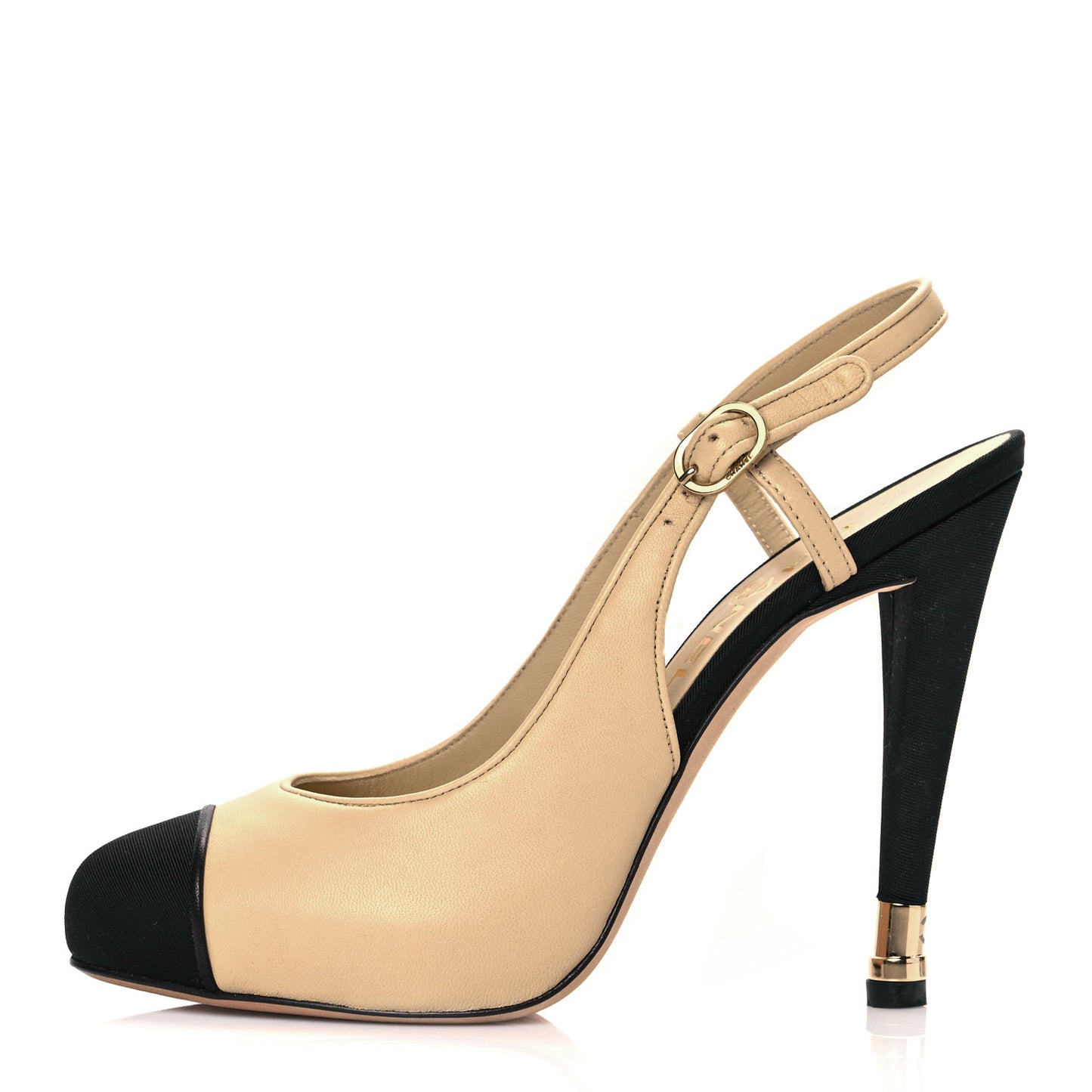 Lambskin Grosgrain Cap Toe CC Slingback Pumps 38 Beige Black