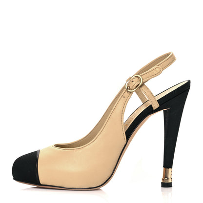 Chanel Lambskin Grosgrain Cap Toe CC Slingback Pumps 38 Beige Black 1 of 12