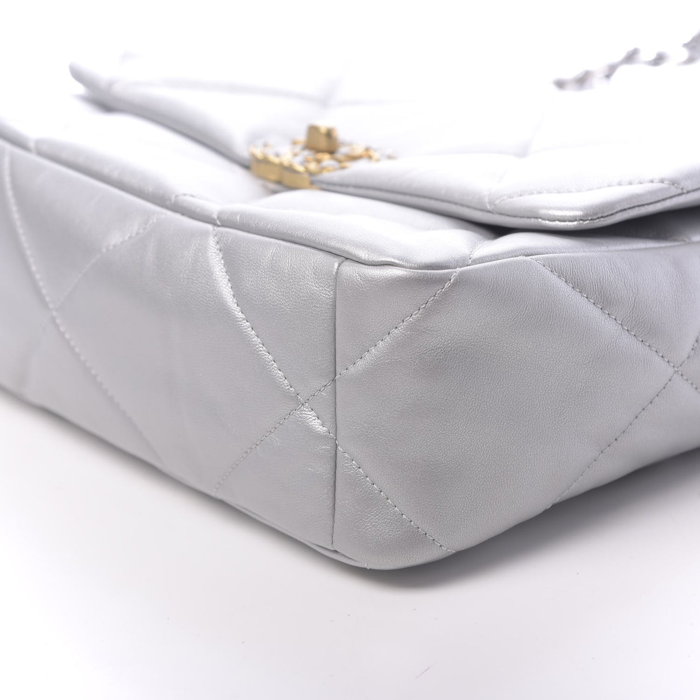 Metallic Goatskin Quilted Large 19 Flap Silver