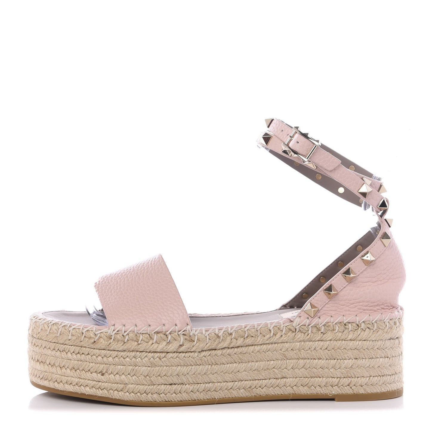 Grained Calfskin Rockstud Ankle Wrap Espadrille Flatform Sandals 39 Rose Quartz