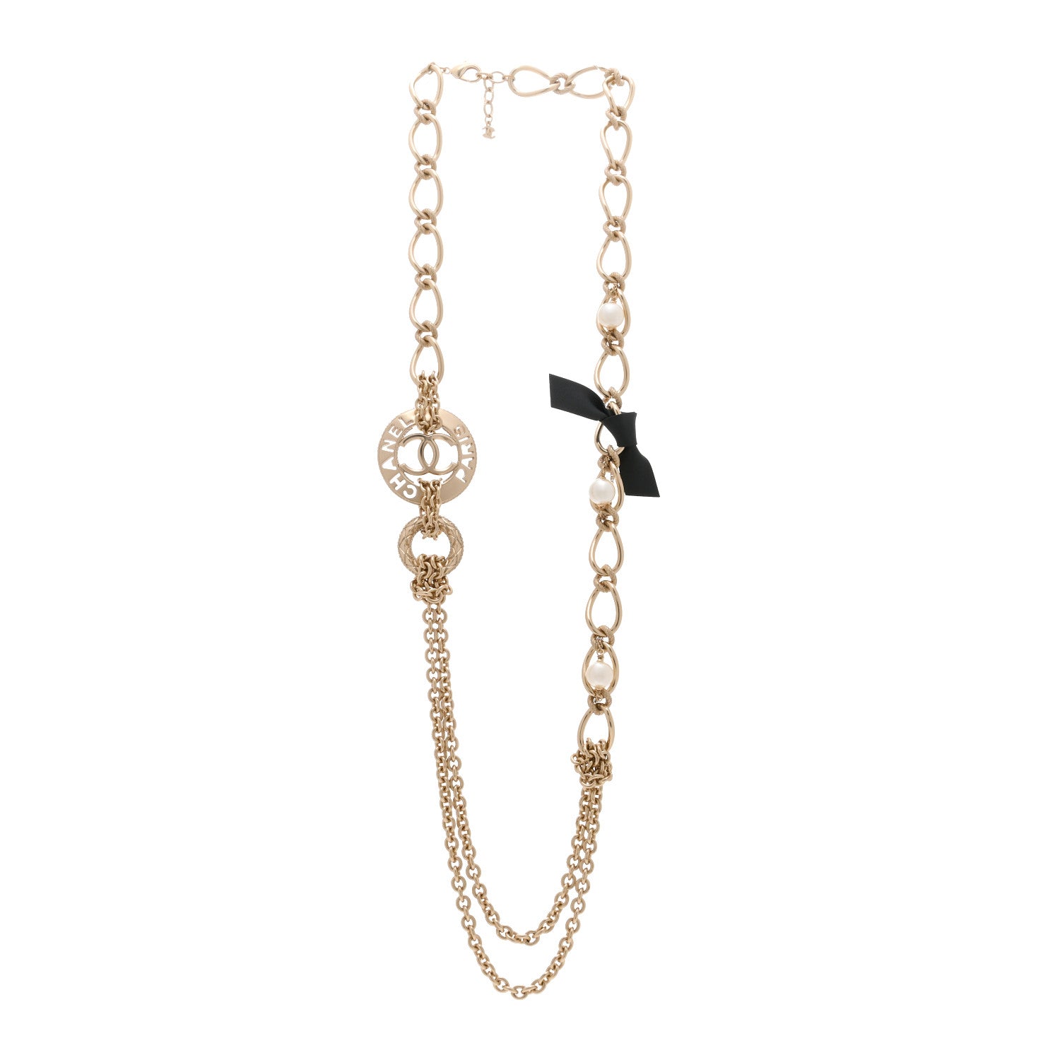 Chanel Metal Pearl Chain CC Paris Pendant Long Necklace Light Gold 3 of 5