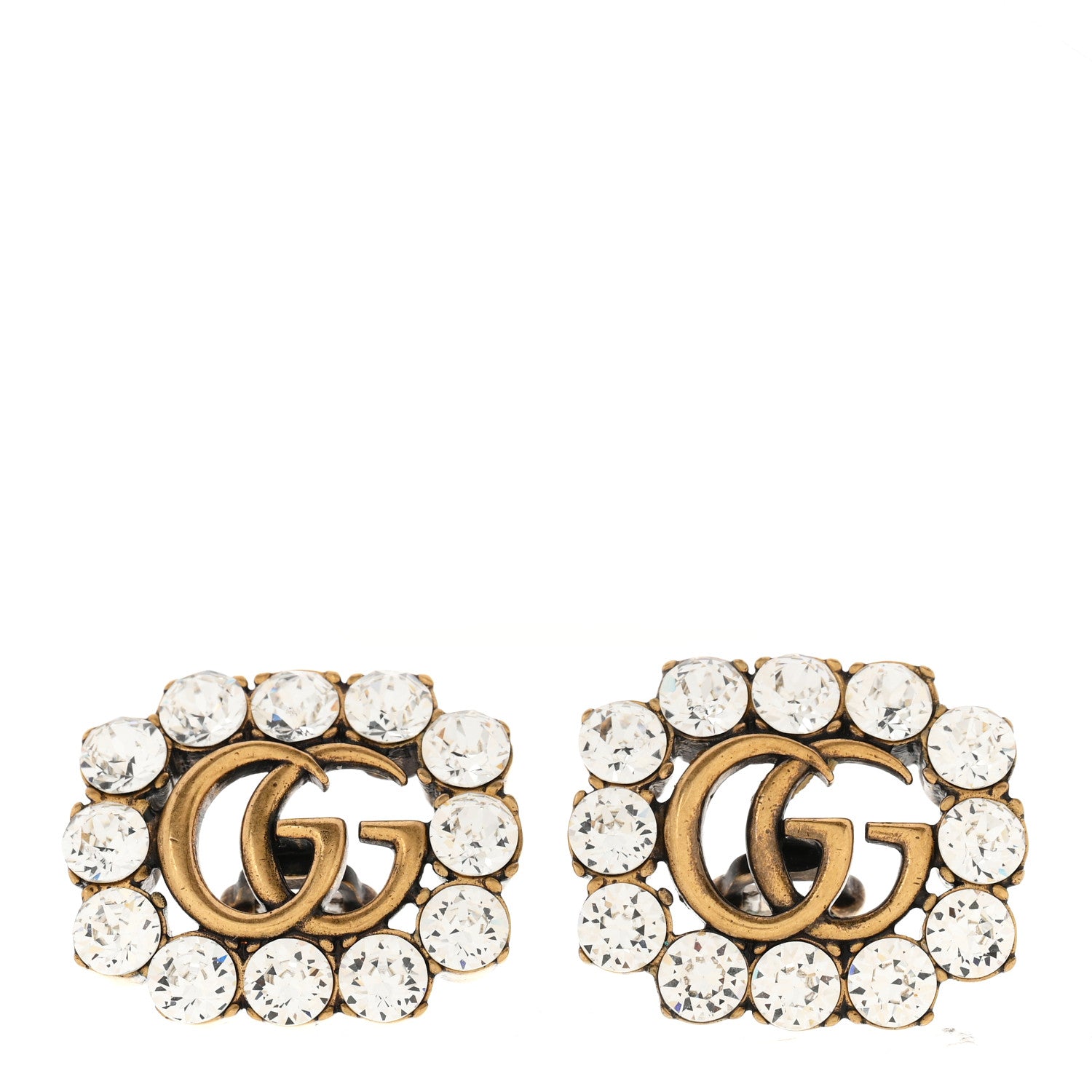 Gucci Metal Crystal Double G Clip On Earrings Aged Gold 1 of 5