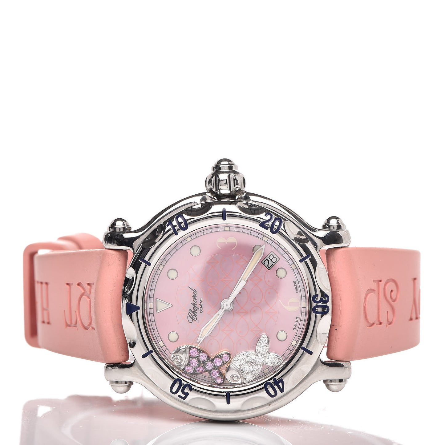 Stainless Steel Rubber Diamond Pink Sapphire Pink Mother of Pearl 38mm Happy Sport Fish Quartz Watch
