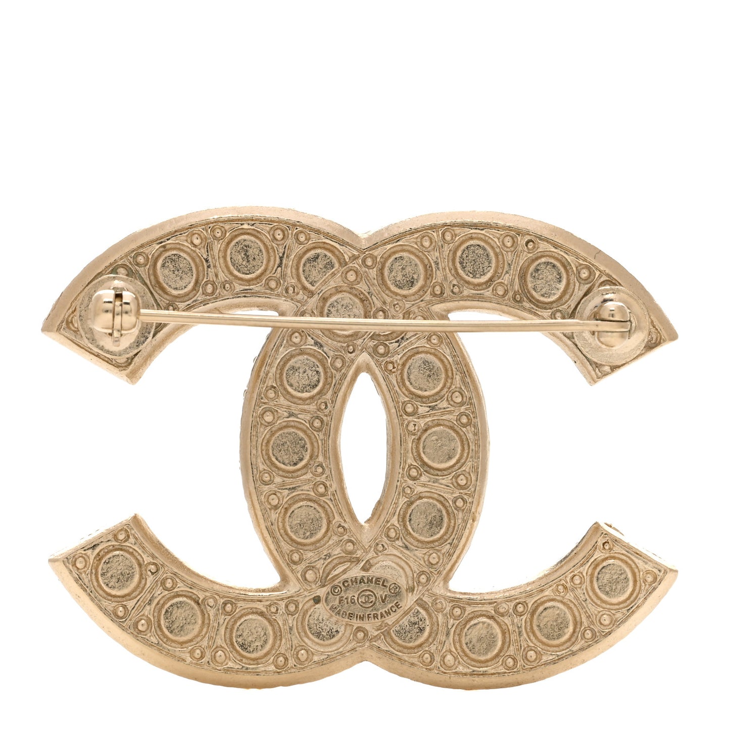 Metal Crystal Graduated Pearl CC Brooch Gold