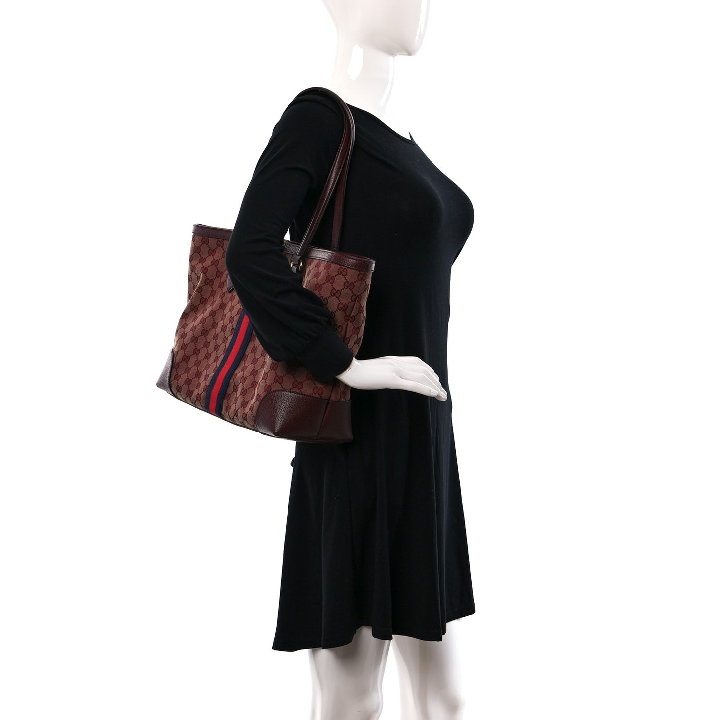 Monogram Textured Dollar Calfskin Web Medium Ophidia Shopping Tote Sahara Rubino Chardonnay