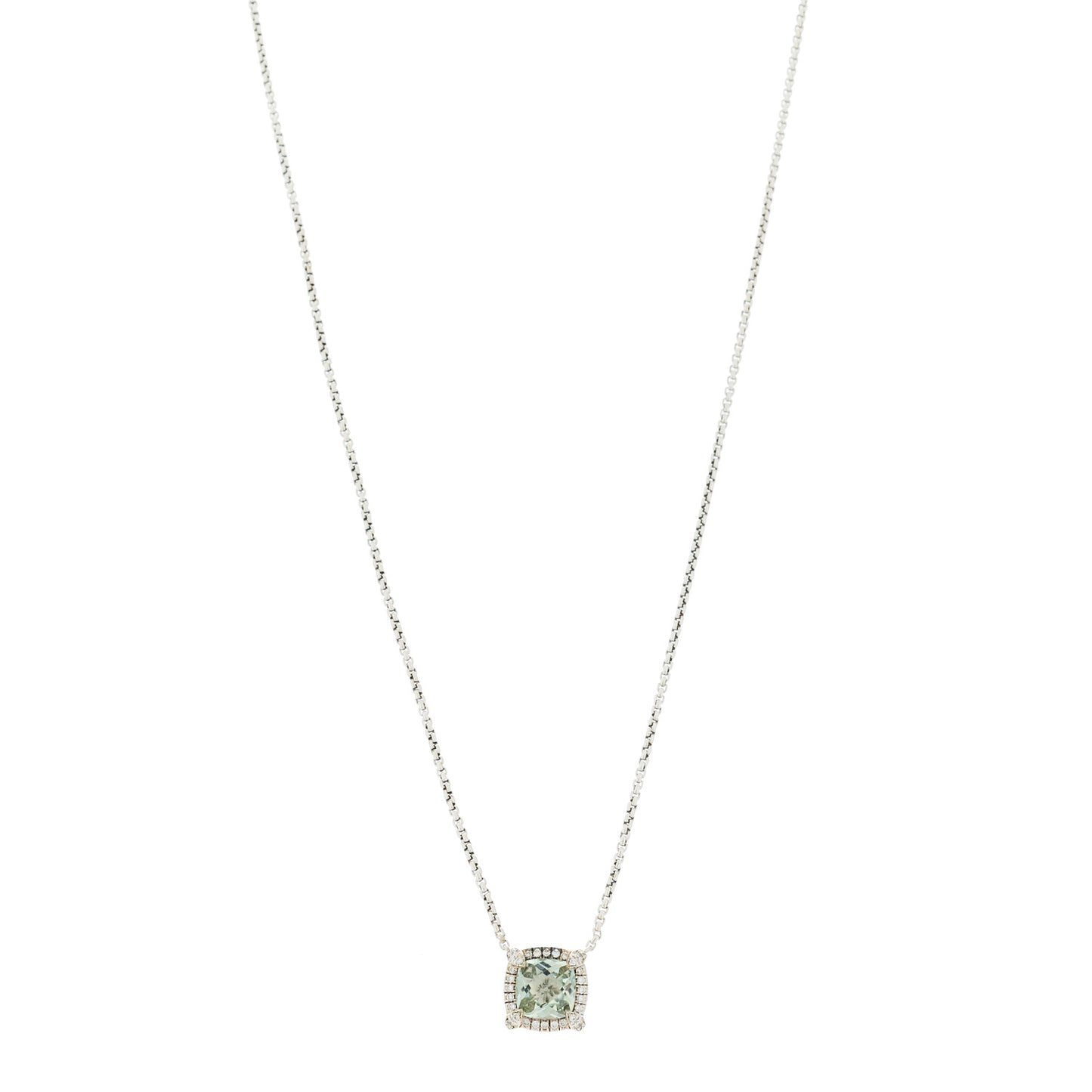 Sterling Silver Diamond Prasiolite 7mm Chatelaine Pave Bezel Pendant Necklace