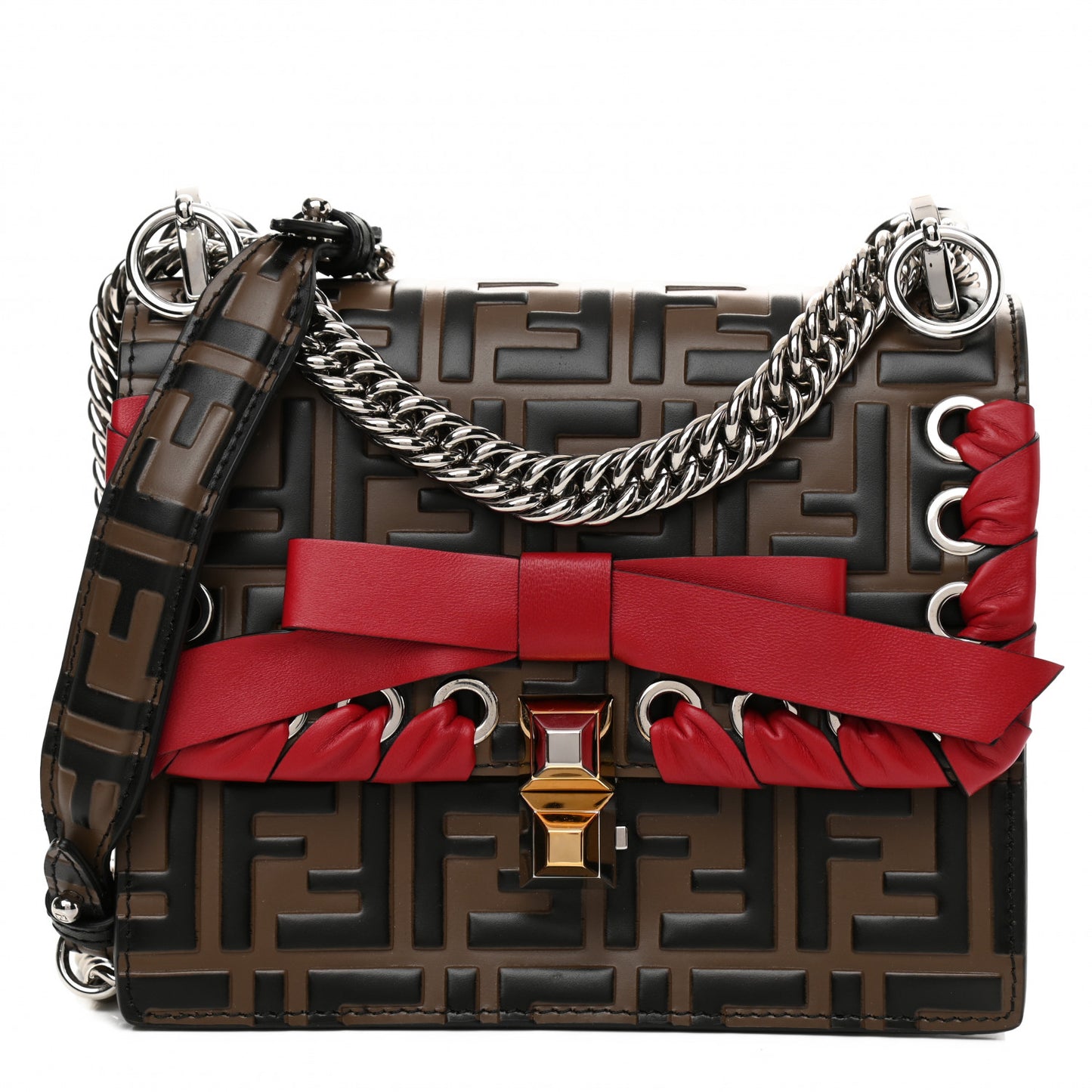 Vitello Shiny Nappa Bi-Color FF 1974 Lace Up Bow Embossed Small Kan I Shoulder Bag Maya Black Fragola