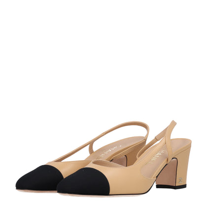 Chanel Goatskin Grosgrain Cap Toe CC Slingback Pumps 40 Beige Black 4 of 11