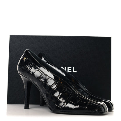 Chanel Crocodile Embossed Patent Calfskin Pumps 38 Black 9 of 9