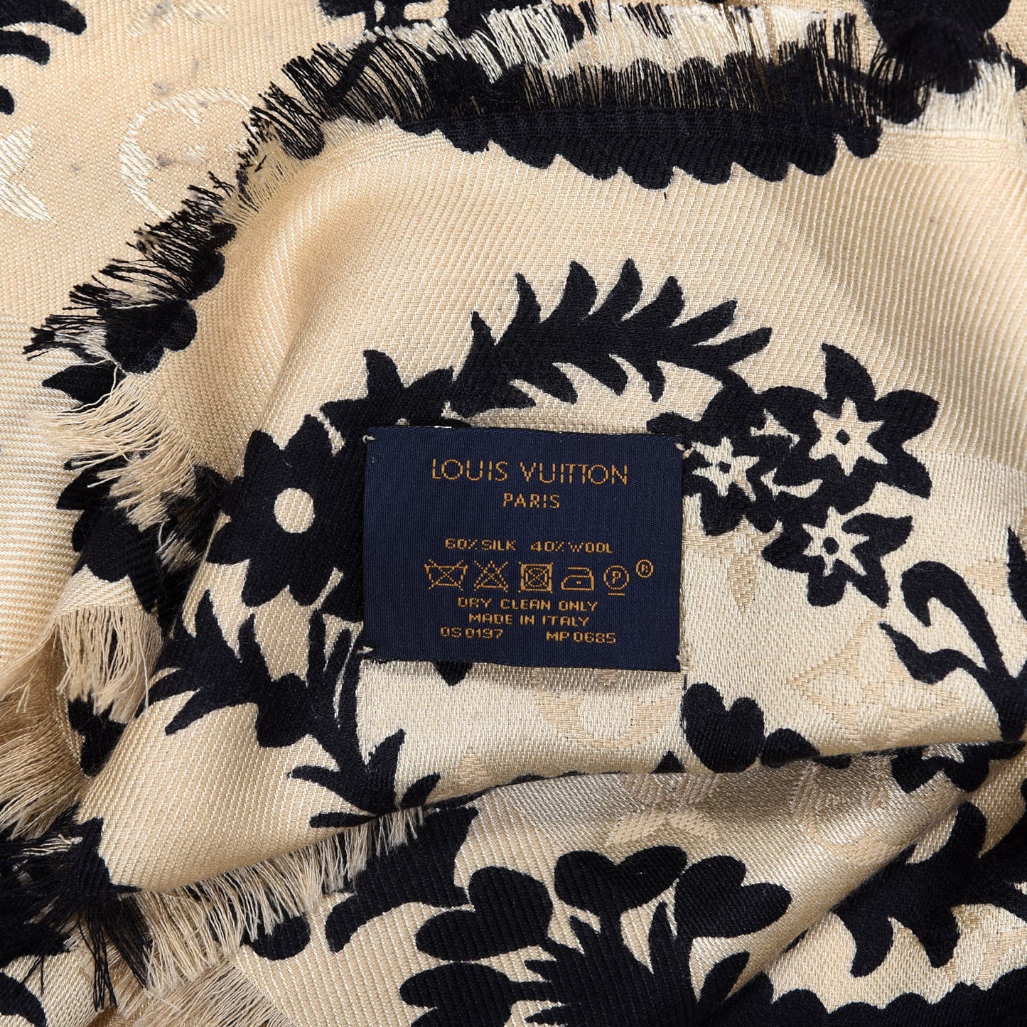 Wool Silk Monogram Floral Shawl Black Gold