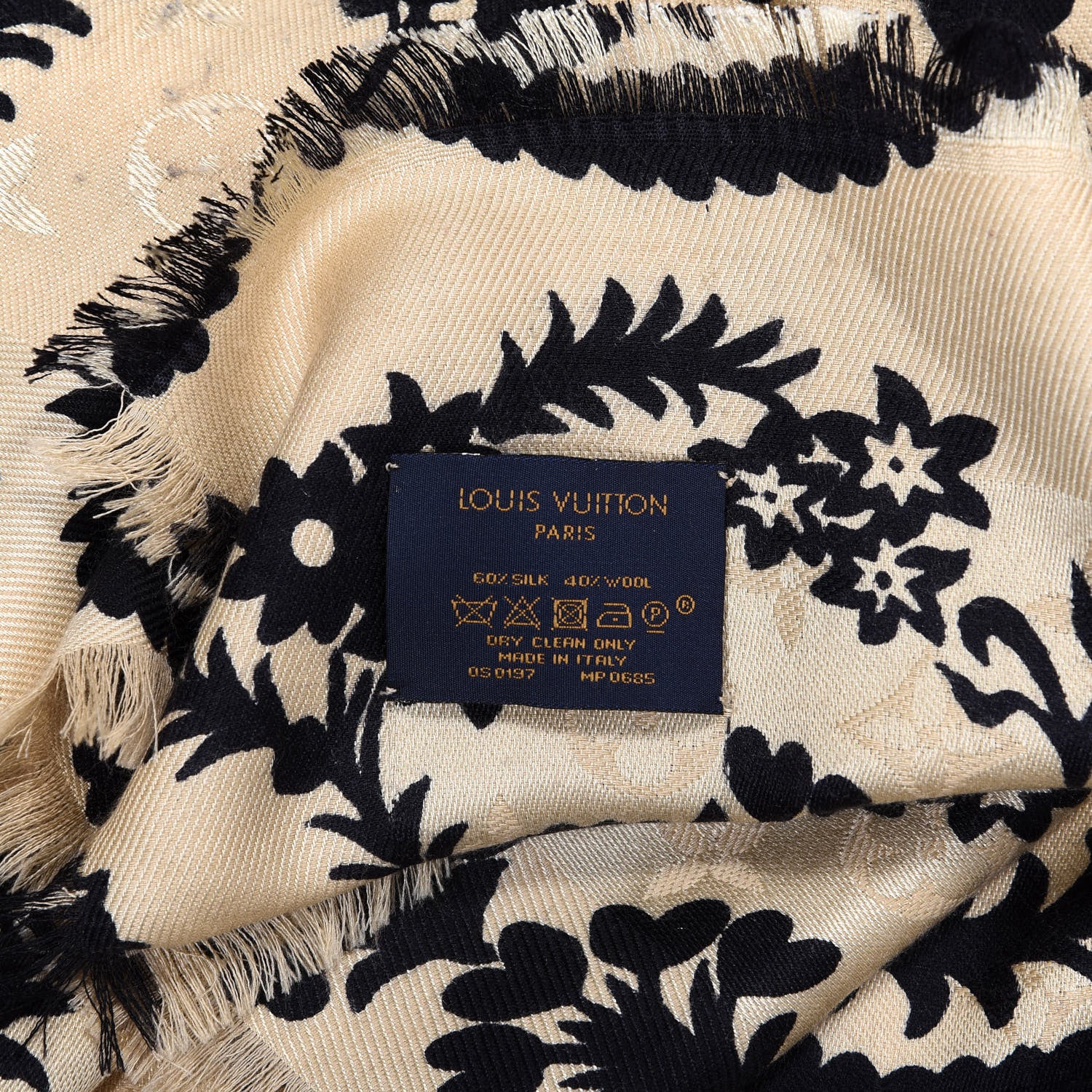 Louis Vuitton Wool Silk Monogram Floral Shawl Black Gold 2 of 4