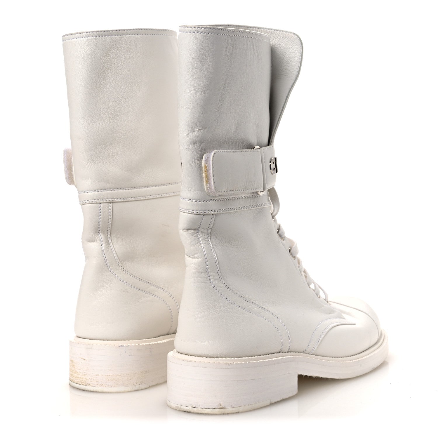 Chanel Calfskin Lace Up Logo Mid Calf Combat Boots 38.5 White Black 5 of 13