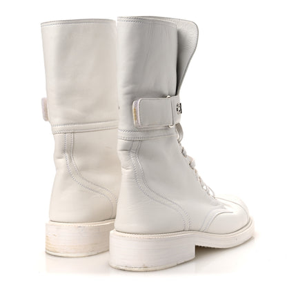 Chanel Calfskin Lace Up Logo Mid Calf Combat Boots 38.5 White Black 5 of 13