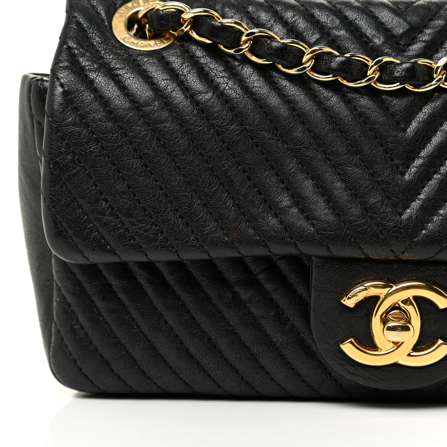 Calfskin Chevron Quilted Small Surpique Flap Black