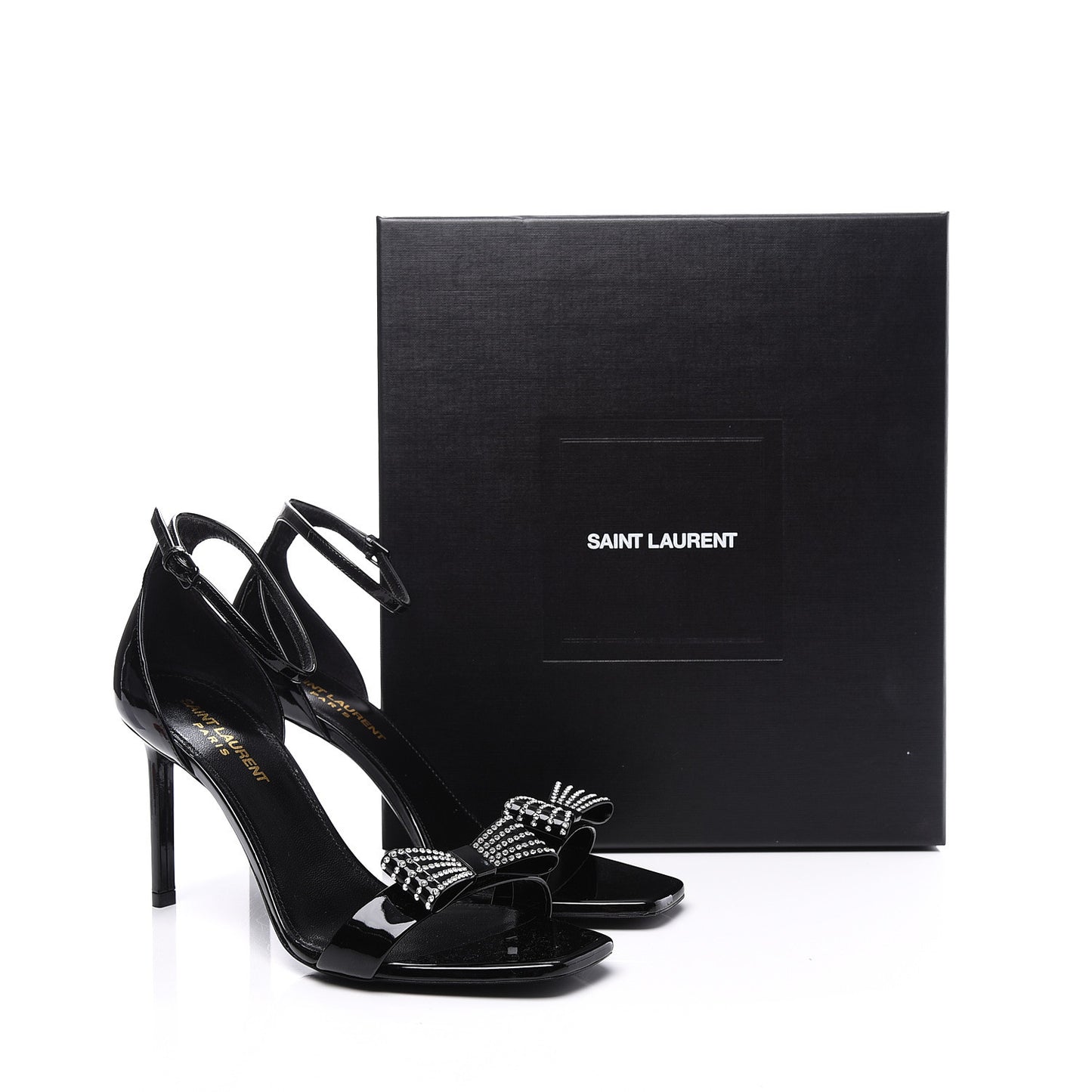 Patent Calfskin Crystal Amber Bow 85 Ankle Strap Sandals 38 Black