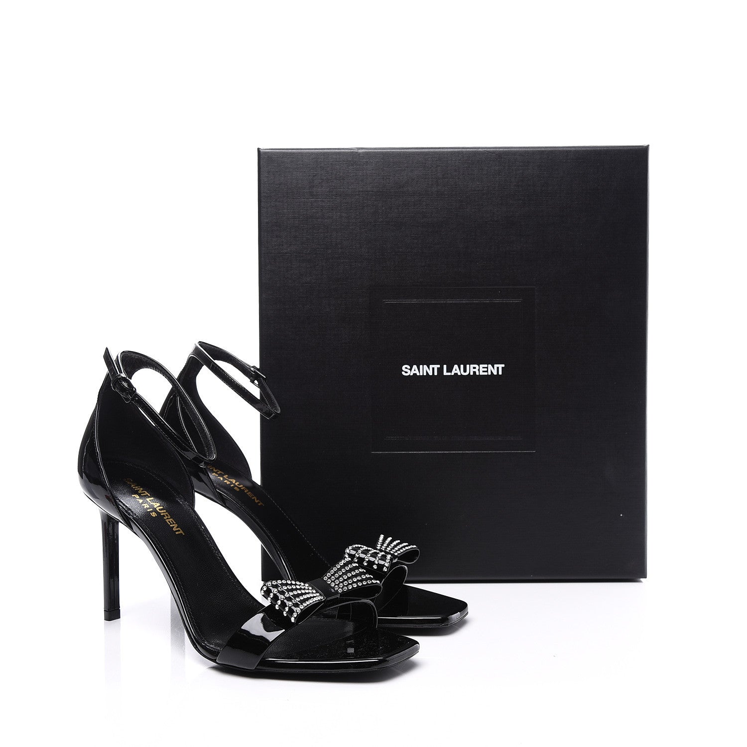 Saint Laurent Patent Calfskin Crystal Amber Bow 85 Ankle Strap Sandals 38 Black 9 of 9