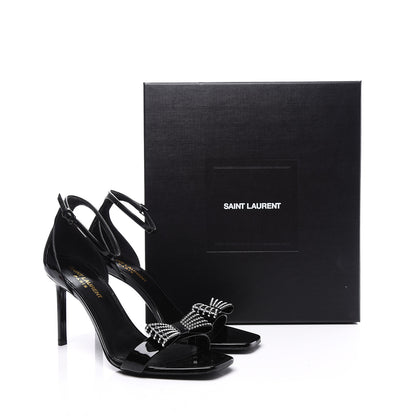 Saint Laurent Patent Calfskin Crystal Amber Bow 85 Ankle Strap Sandals 38 Black 9 of 9