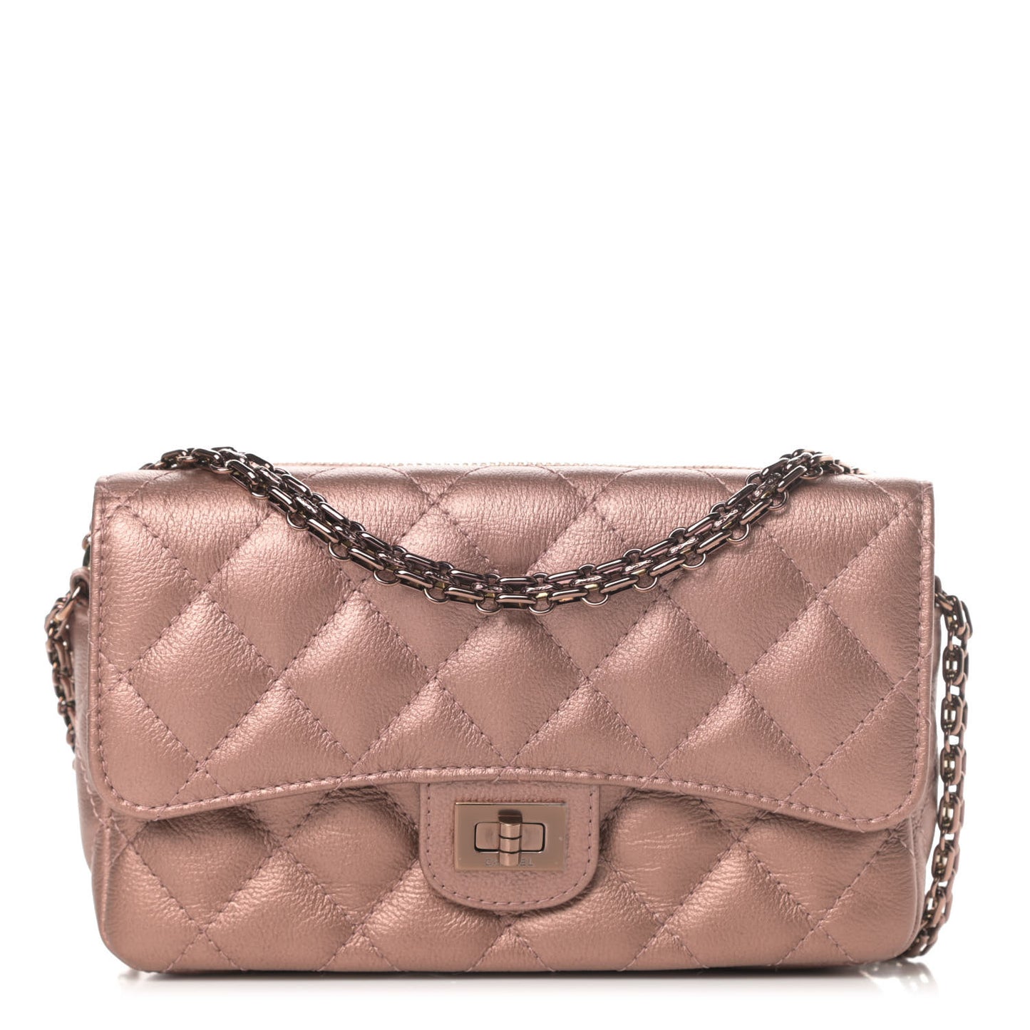 Metallic Grained Calfskin Quilted 2.55 Reissue Phone Holder With Chain Copper