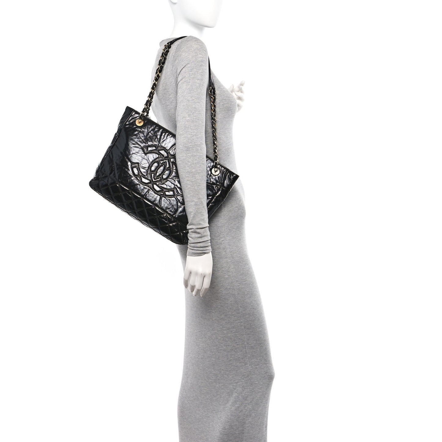 Shiny Aged Calfskin Quilted Small Shopping Bag Black