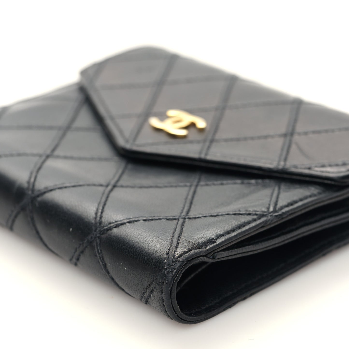 Calfskin Diamond Stitched Compact Wallet Black
