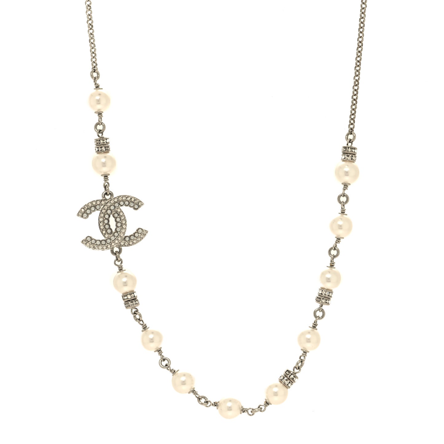 Pearl Crystal CC Necklace Silver