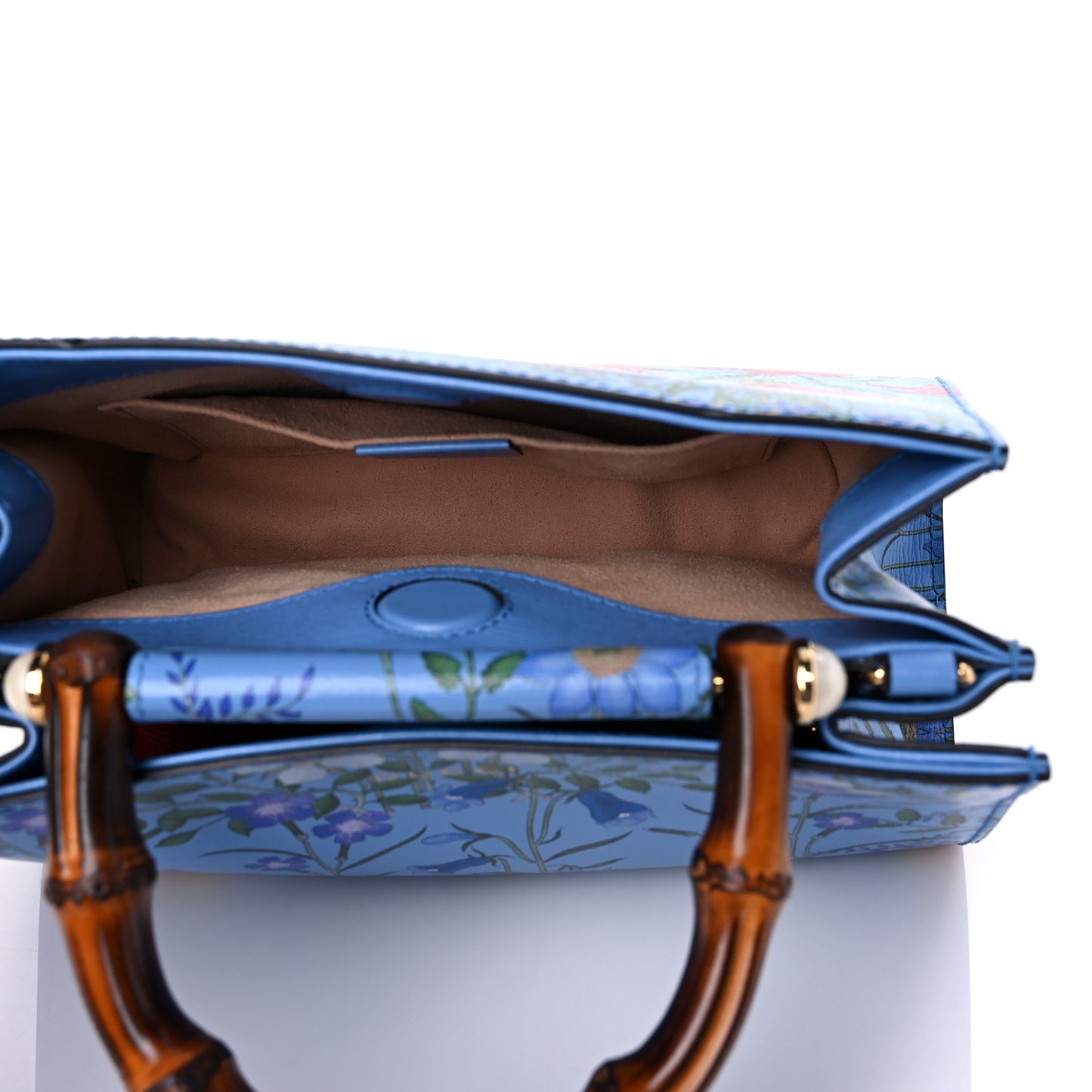 Calfskin Bamboo Web New Flora Mini Nymphaea Top Handle Bag Azure