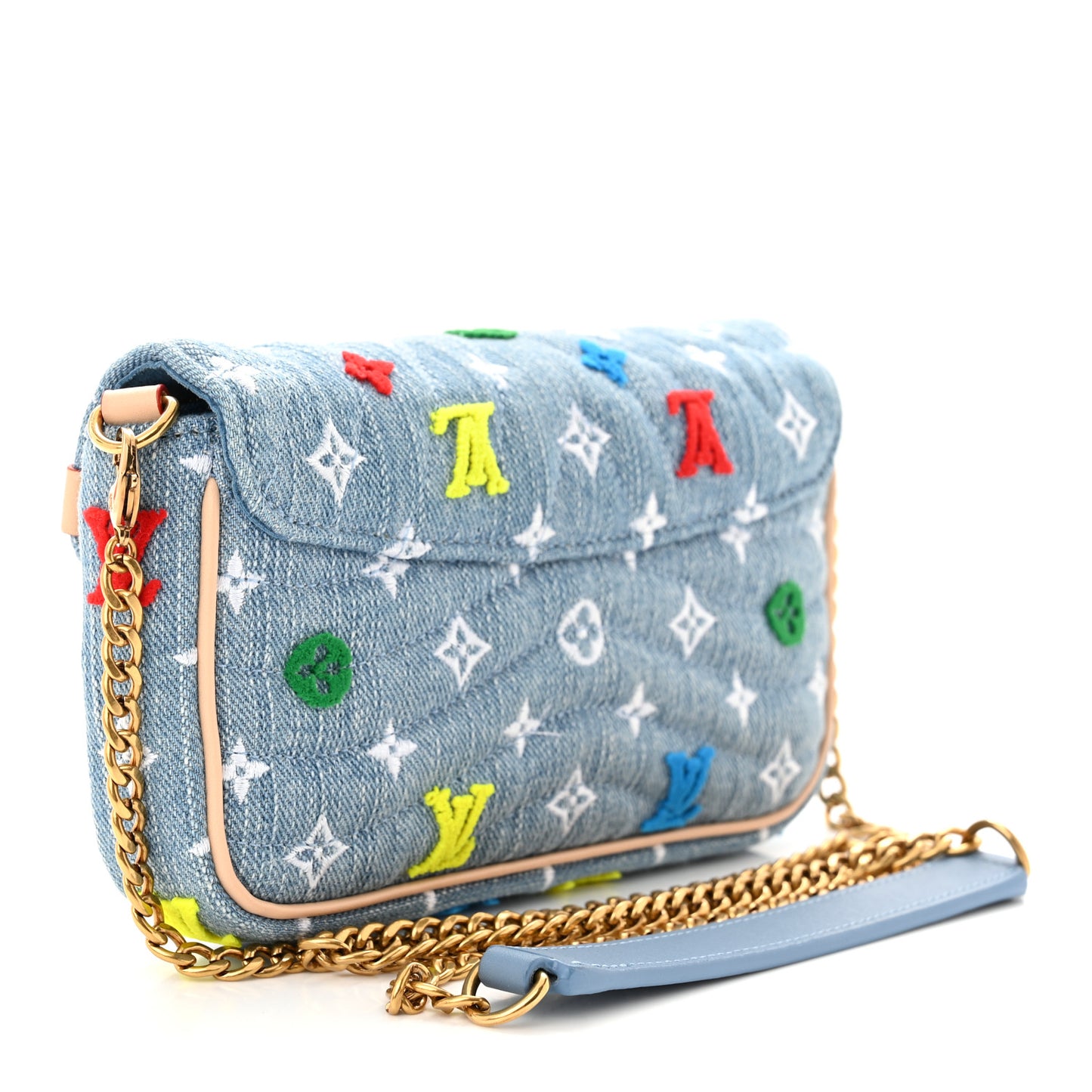 Embroidered Monogram Denim New Wave Chain Pochette Blue