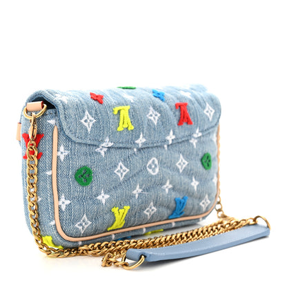 Louis Vuitton Embroidered Monogram Denim New Wave Chain Pochette Blue 3 of 9