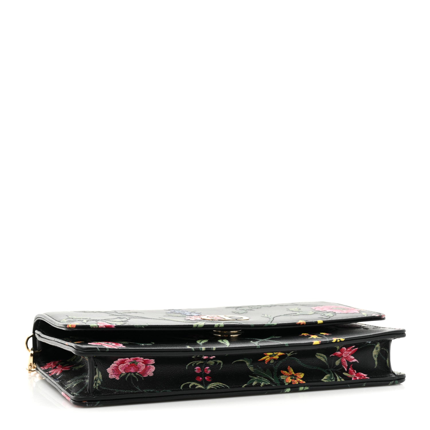 Christian Dior Calfskin Petites Fleurs Print Caro Pouch With Chain Black Multicolor 4 of 12