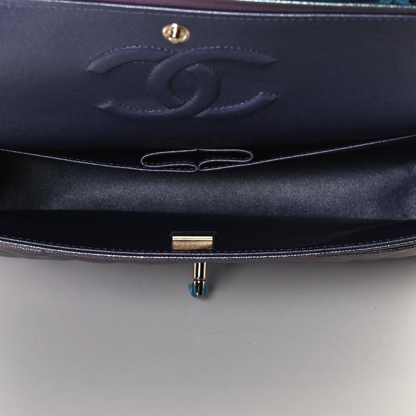 Iridescent Caviar Quilted Medium Double Flap Dark Blue