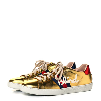 Gucci Metallic Nappa Web Blind for Love Womens Ace Sneakers 37.5 Oro 3 of 9