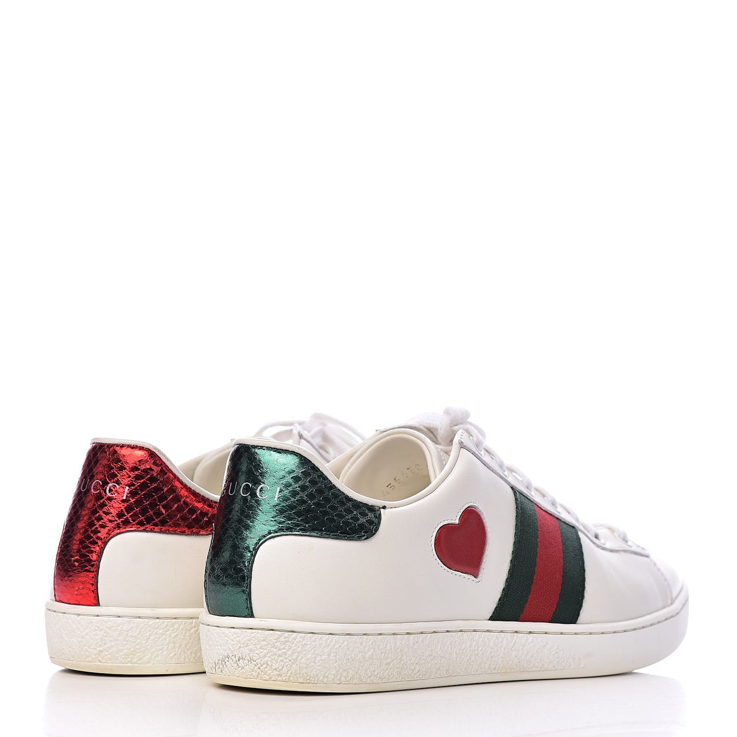 Calfskin Web Heart Embroidered Womens Ace Sneakers 37 White