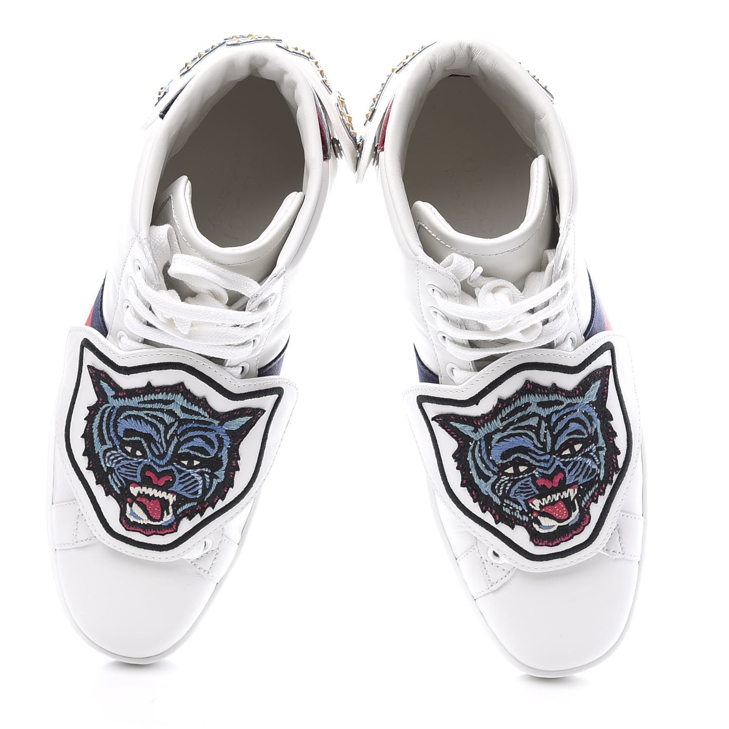 Calfskin Ayers Web Tiger GUCCI Removable Patches Mens Ace High Top Sneakers 5 White