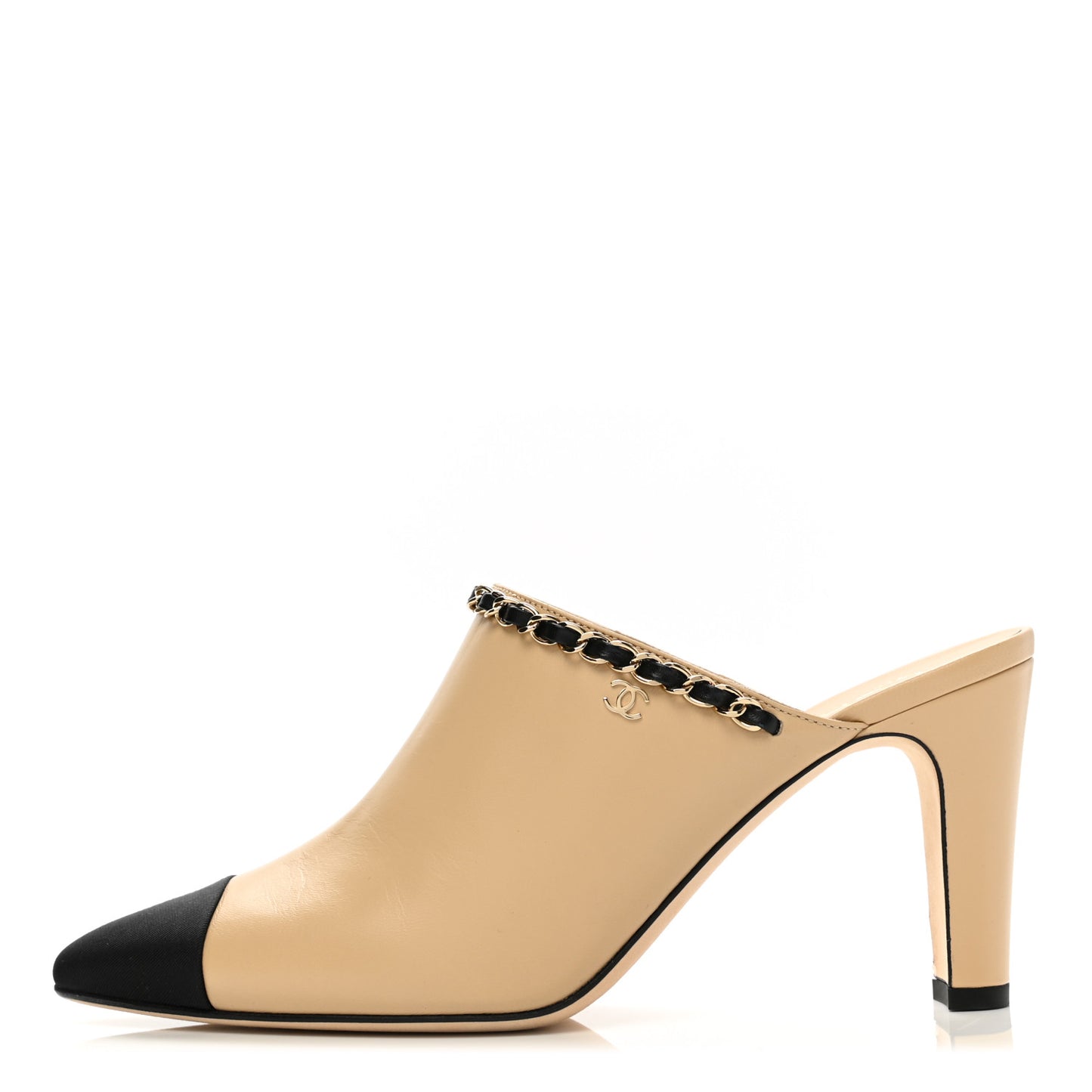 Lambskin Grosgrain Cap Toe Chain Mule 38.5 Beige Black
