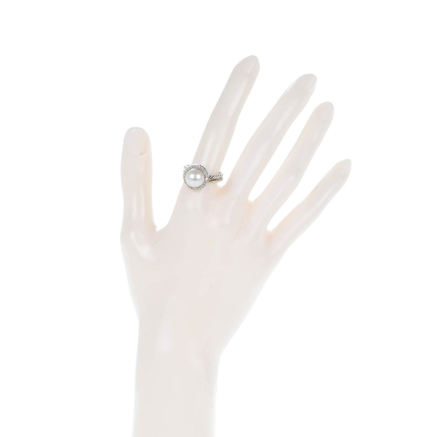 Sterling Silver Pave Diamond Pearl 13.5mm Cable Ring 51.5 6