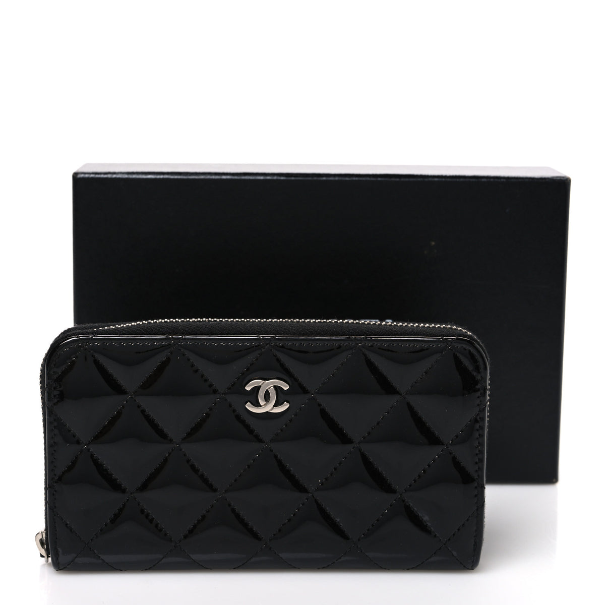 Patent Quilted Small Zip Around Wallet Black